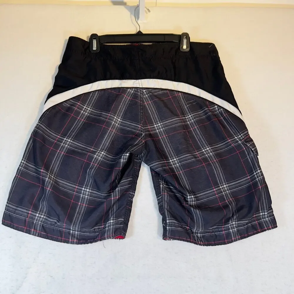 Aeropostale 1987 Board Short Swim Trunks Men 34W Black Red Grey Plaid Pocket